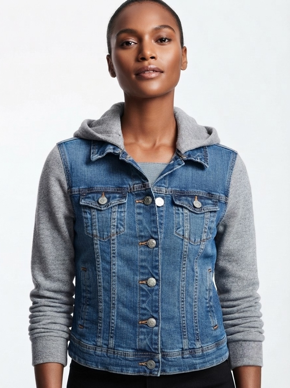 American Eagle Denim Jean Jacket with Gray Hood & Sleeves Size M (12-14)